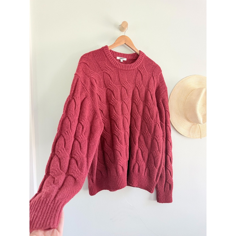 Madewell | NWOT Cable-Knit Wool Crewneck Sweater Heather Garnet Red | Sz L - Picture 3 of 9